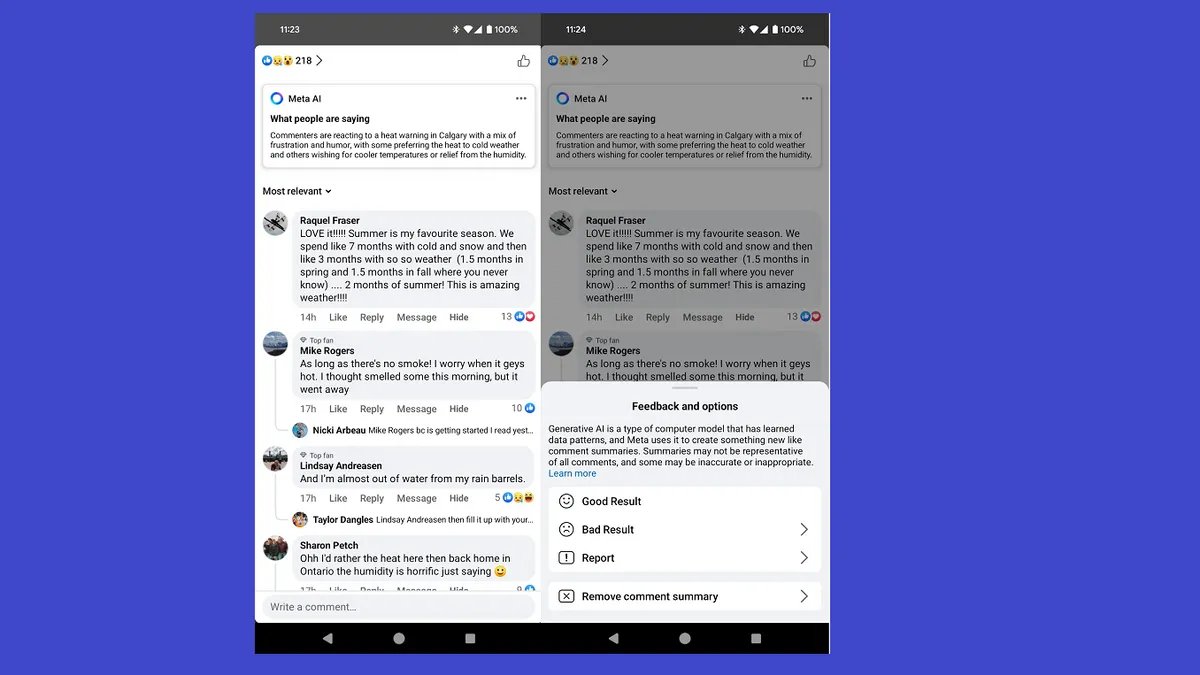 Meta AI comment summaries